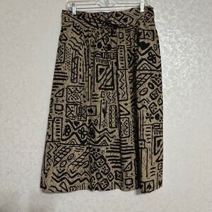 VTG 80s Tan Black Tribal Mud Cloth Pattern Geometric Print Skirt Elastic Waist M